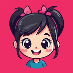 Adorable Cartoon Girl with Pigtails Pink Bows and a Cheerful Smile