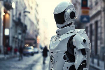 Fototapeta premium White Robot in a City Street Varient 1