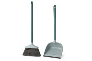 Plastic broom and dustpan set with teal handles isolated on transparent background, cleaning tools for housekeeping chores