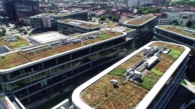 Eco-Friendly Tech Center Aerial | Green Roofs Flyover