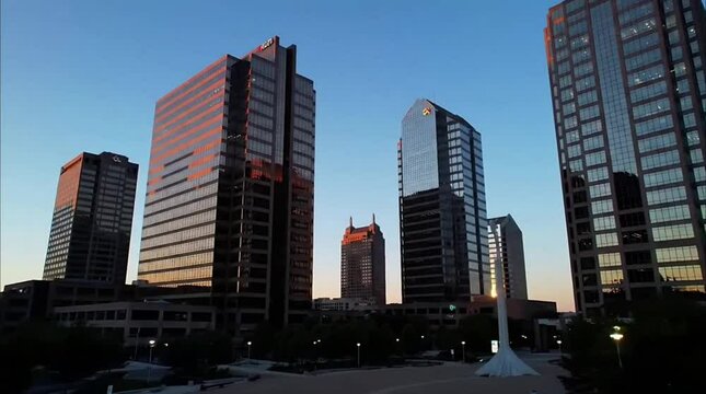Corporate Buildings Evening Sun | Reflective Aerial Wide Shot