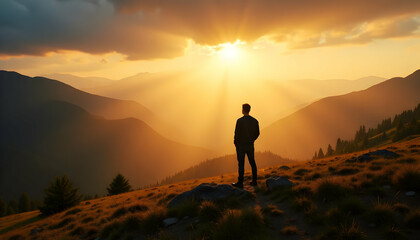 Obraz premium Man on Hillside Observing Beautiful Valley After Rain Shower