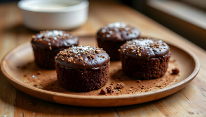 Homemade Chocolate Dessert Muffins on a Wooden Plate