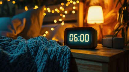Digital Alarm Clock Displaying 6 AM on Wooden Nightstand with Cozy Blanket