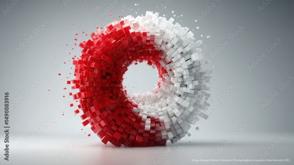Poster bright red and white circle symbolizing economic phases and fibonacci transitions in visual data rep