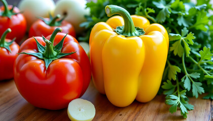 Fresh Varieties of Tomatoes and Bell Peppers on Wooden Surface