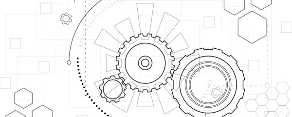 Abstract gear wheel and Cogs mechanism and machine technology vector illustration background. Engineering design of gears. Technical drawing background. Engineering blueprint style mechanical design.