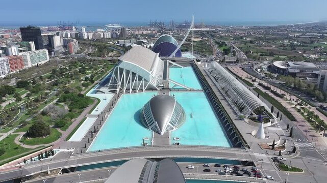 Sciences Museum At Valencia Comunidad Valenciana Spain. Capturing The Hustle And Bustle Of A Vibrant City From Above. Town Sky Clouds Backgrounds Urban. Town Panoramic City.