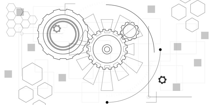 Abstract gear wheel and Cogs mechanism and machine technology vector illustration background. Engineering design of gears. Technical drawing background. Engineering blueprint style mechanical design.
