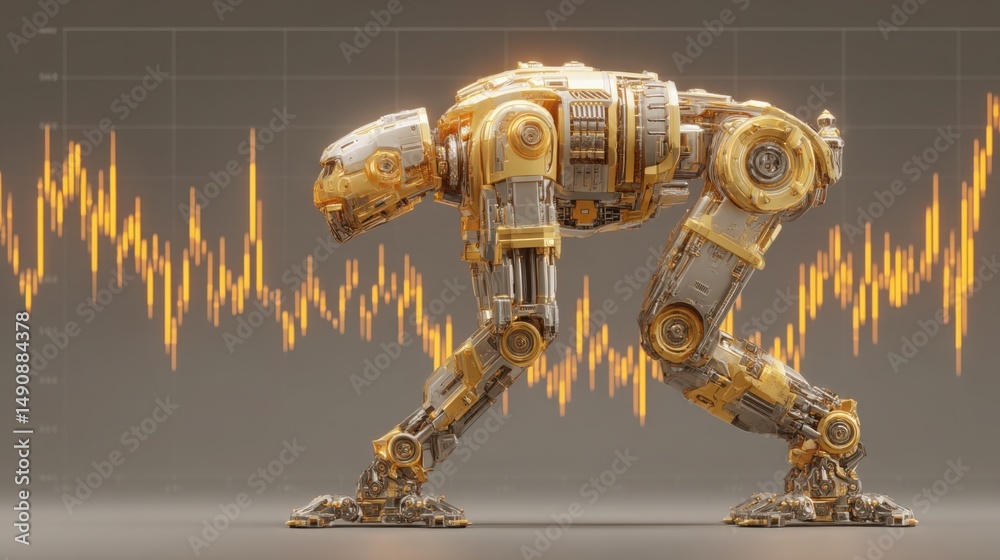 Poster futuristic robot standing in front of a business chart displaying data trends and insights for techn
