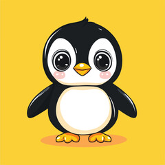 Adorable Cartoon Penguin with Large Eyes on Yellow Background