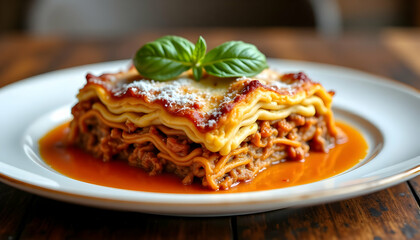 Fototapeta premium Gourmet Lasagna Dish with Fresh Basil on Wooden Table