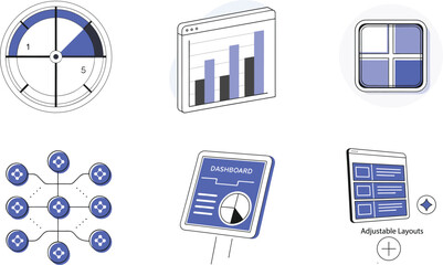 Modern Vector Icons: Data Charts, Network Connections, and Interface Layouts