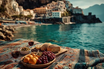 Obraz premium Amalfi Coast Picnic with Sea View and Mediterranean Culinary Spread