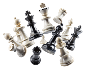 chess pieces flying on air in different angles on the board isolated on white background. PNG Transparent file type with high definition quality And vibrant color grading Available.