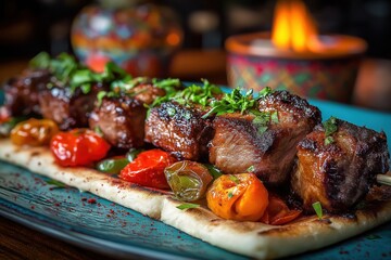 Charred Lamb Kuzu Sis Skewers on Lavash with Grilled Vegetables