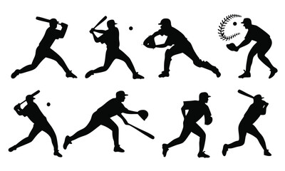 Baseball Player Silhouettes Set in Different Actions - Vector Illustration of Batting, Pitching, Catching, and Fielding Poses for Softball Design Projects 