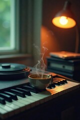 Obraz premium Warm Beverage Steaming on Piano Keys Beside Vintage Turntable Under Soft Lamplight