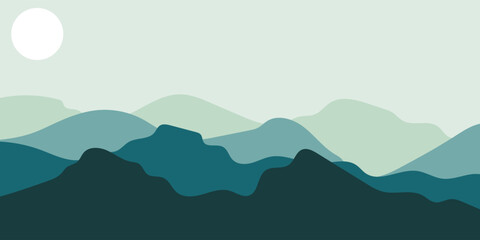 Mountain minimal background vector. Abstract landscape hills with green color, sun, moon. Nature view illustration design for home decor, wallpaper, prints, banner, interior decor.