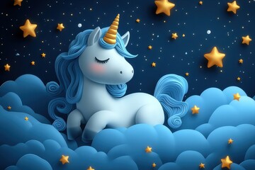 Obraz premium Colorful unicorn resting on clouds under a starry night sky with pastel hues and whimsical details