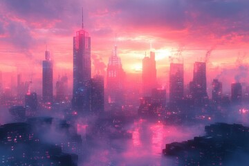Fototapeta premium Vibrant sunset illuminates a futuristic city skyline with skyscrapers and fog