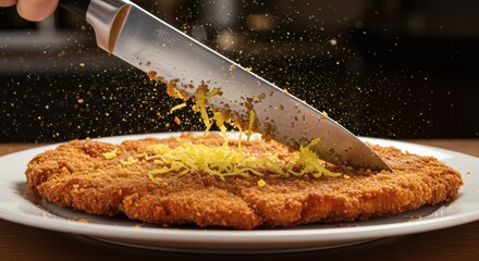 Crispy schnitzel being cut with a knife, garnished with lemon zest, close-up shot