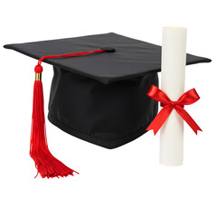 A classic graduation cap with a bold red tassel resting beside a rolled diploma tied neatly with a deep red ribbon, set against a white or transparent background. PNG
