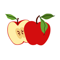 whole red apple and cut in half with foliage. Sliced summer fruit. Farm and agriculture, organic food. Flat vector illustration for packaging, branding, menu, recipe.