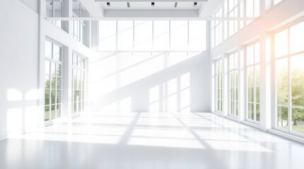 Obraz premium Sunlit expansive minimalist white interior space, with large windows casting shadows and light.