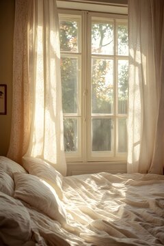 The morning sunshine falls on the warm bed in the bedroom