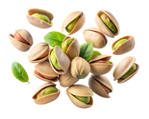 pistachio nuts flying on air in different angles isolated on white background. PNG Transparent file type with high definition quality And vibrant color grading Available.
