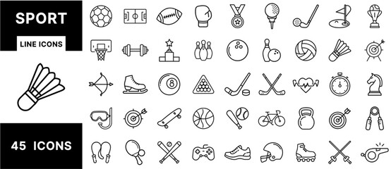 Naklejka premium Sport Line Icons – Medal, Shuttlecock, Team Trophy, Helmet, Football, Basketball, Skating, Swimming, Bicycle, Dumbbell, Stopwatch, Sports Gear