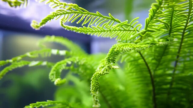 Close-up of bright green java fern growing in an aquarium, showcasing intricate details of leaves and the aquatic environment.