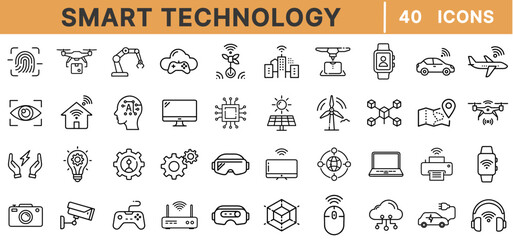 Smart Technology Line Icons – AI, Robotics, IoT, Smart Home, Drone, VR, Cloud, Automation, Wearables, Smartwatch, Chipset, Connected Devices