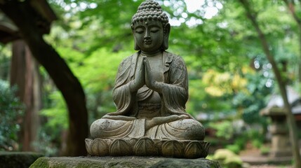 Stone Buddha Statue in Peaceful Garden Meditating with Hands in Prayer Pose