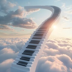 A staircase made of piano keys ascending into the sky, no background, Surreal Piano Key Staircase Ascending into the Sky – Transparent Background Concept Art