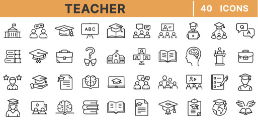 Teacher Line Icons &ndash; Education, Classroom, Graduate Cap, Student, Blackboard, Learning, Lecture, School, Tutor, Training, Teacher Desk Set