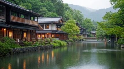 Obraz premium Traditional wooden buildings line a river in lush green landscape during a light rain