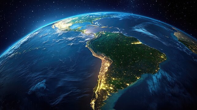 Earth View From Space, Revealing South America at Night with City Lights Shining