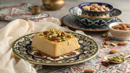 halva with nuts on a decorated plate surrounded by decorative oriental patterns and soft fabrics