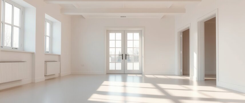 Bright minimalist room with natural light, white walls, and double doors. Simple elegance defined. - Powered by Adobe