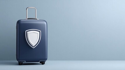 Modern navy suitcase with a protective shield emblem against a minimalist blue backdrop