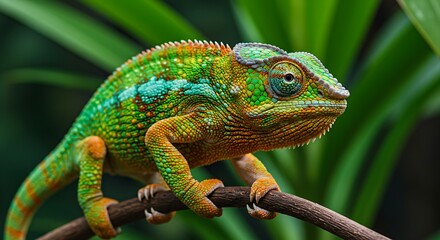 Obraz premium Vibrant chameleon showcasing textured skin and independently moving eyes, grasping a branch in its natural green habitat.