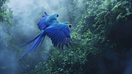 Majestic blue parrot soaring through a misty forest.