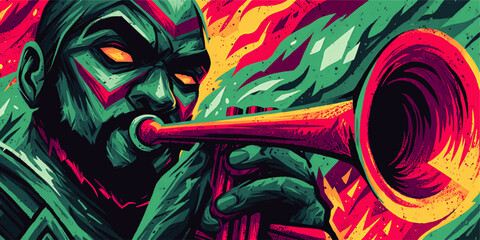 Vibrant Abstract Illustration of Jazz Musician Playing Trumpet with Bright Expressive Colors and Patterns Creative Artistic Vector Art for Music Theme and Jazz Events