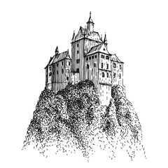 Castle building on cliff. Hand drawn vector illustration.