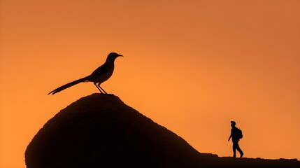 Sunset silhouette of a roadrunner atop boulder, hiker watching from below