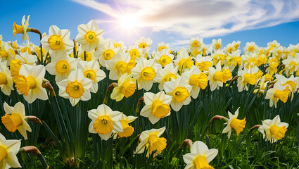 Fototapeta premium Lush green field dotted with countless blooming daffodils, glowing in the sunlight and forming a magical springtime panorama