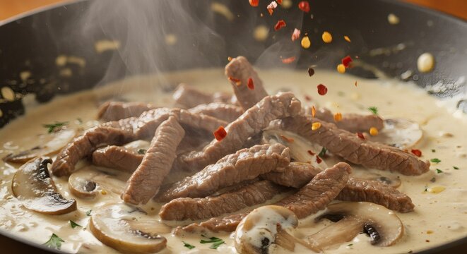 Sizzling Steak Strips with Mushrooms and Creamy Sauce, Spices Falling