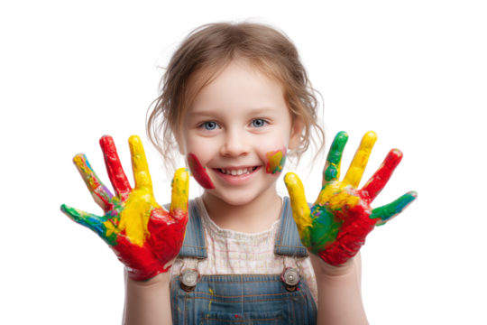 Happy child with painted hands in bright primary colors expressing creativity and joy Isolated on transparent Background
